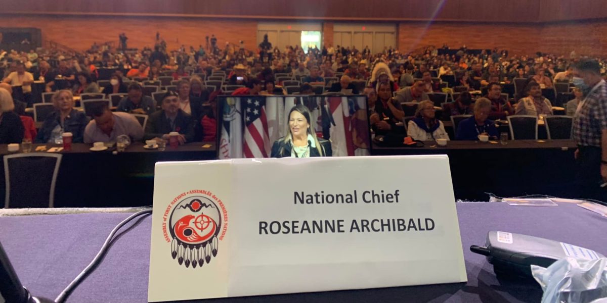 A photo of AFN National Chief RoseAnne Archibald's space at the headtable at the AFN annual general assembly on Tuesday, July 5, 2022.