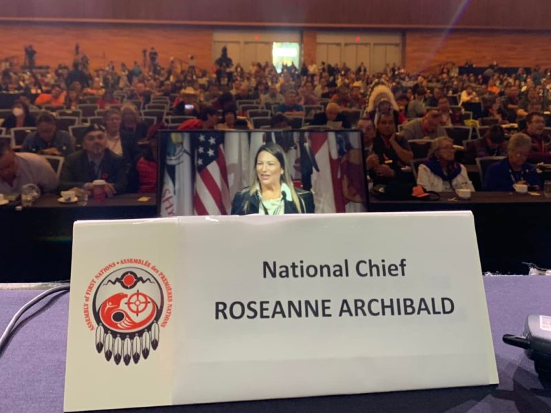 A photo of AFN National Chief RoseAnne Archibald's space at the headtable at the AFN annual general assembly on Tuesday, July 5, 2022.