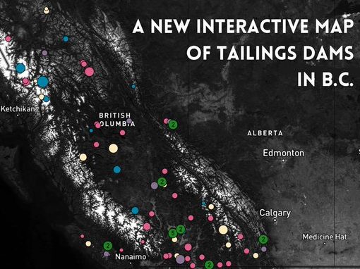 Screenshot of a new interactive map of tailings dams for mining waste in B.C.