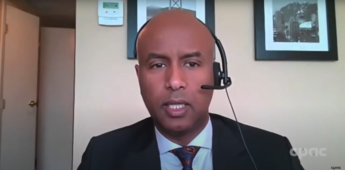 A photo of federal minister of housing and diversity and inclusion Ahmed Hussen at the announcement of the launch of the Canadian Anti-Hate Network's activist toolkit to combat extremism in schools.