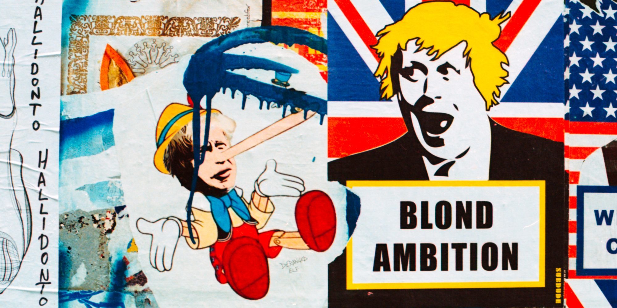 A photo of a wall of graffiti featuring Boris Johnson art