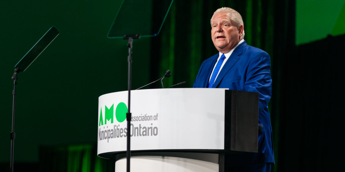 A photot of Ontario Premier Doug Ford speaking to the Association of Municipalities of Ontario.