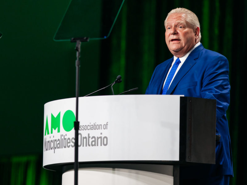 A photot of Ontario Premier Doug Ford speaking to the Association of Municipalities of Ontario.