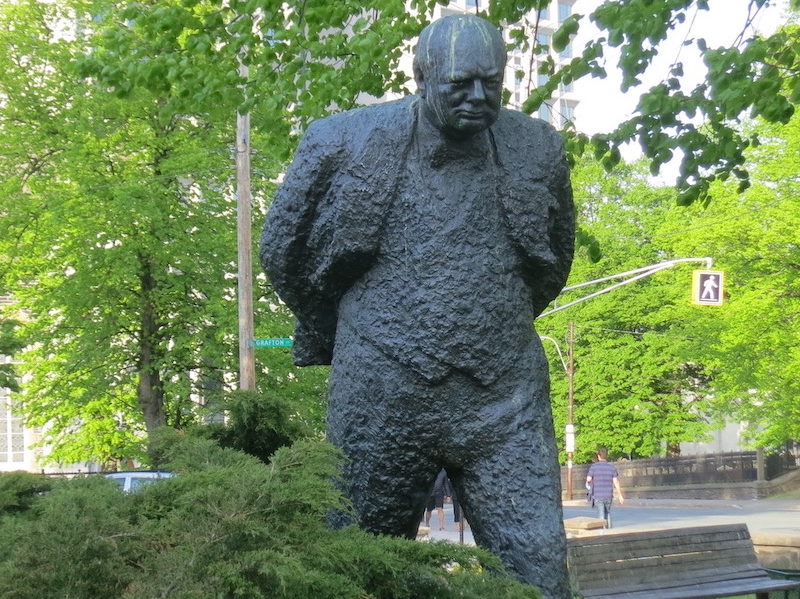 A photo of a statute of Winston Churchill in Nova Scotia.