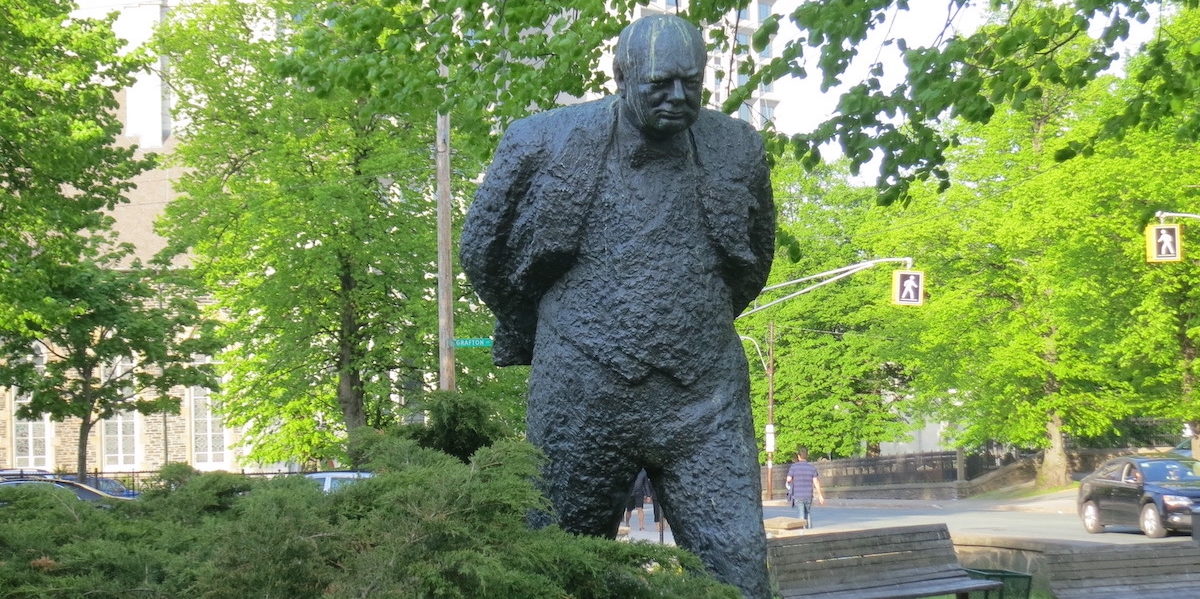 A photo of a statute of Winston Churchill in Nova Scotia.