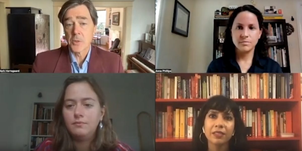 A screenshot of the August 10 Covering Climate Now panel featuring from left-to-right: Top: Mike Hertsgaard and Anna Phillips. Bottom: Sofia Moutinho and Snigda Poonam.