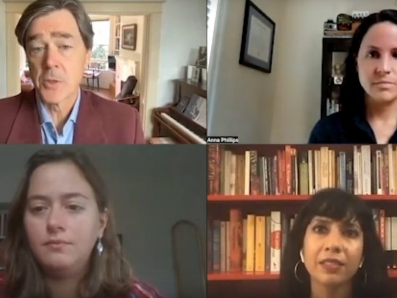 A screenshot of the August 10 Covering Climate Now panel featuring from left-to-right: Top: Mike Hertsgaard and Anna Phillips. Bottom: Sofia Moutinho and Snigda Poonam.