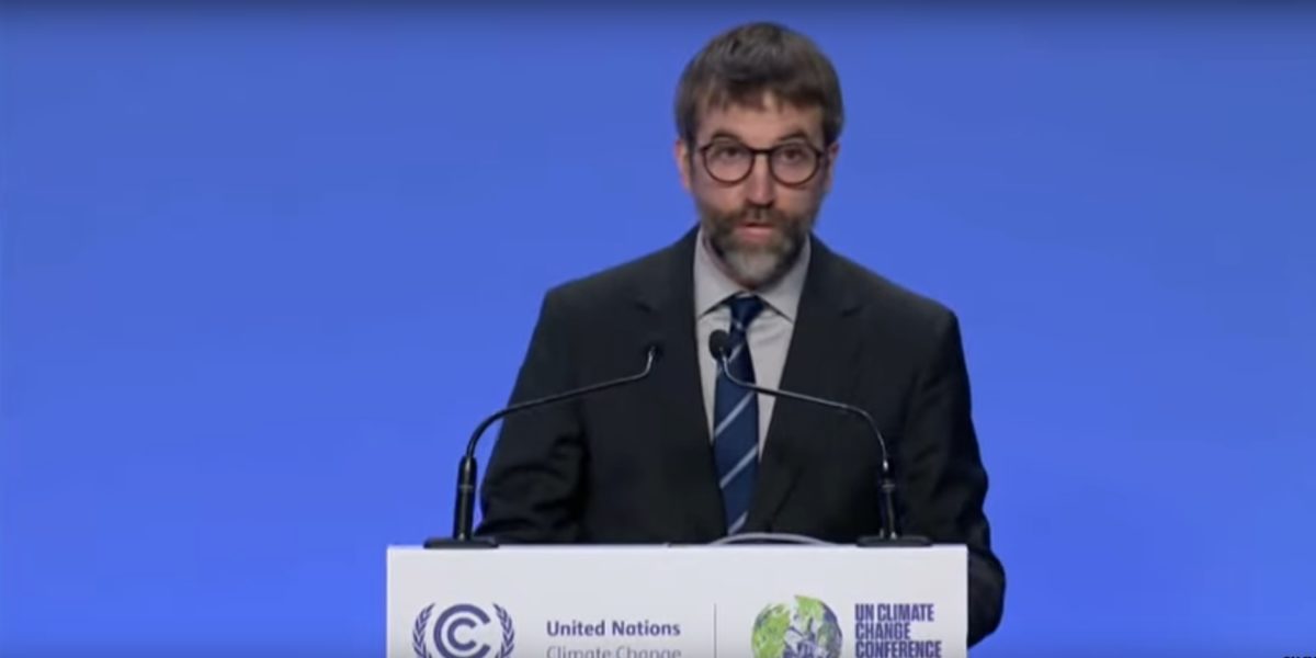 A photo of Canadian environment minister Steven Guilbeault at the COP26 meeting in November of 2021.