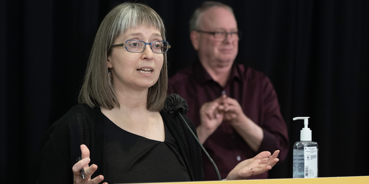 Alberta Chief Medical Officer of Health Deena Hinshaw at one of her many news conferences during the pandemic.