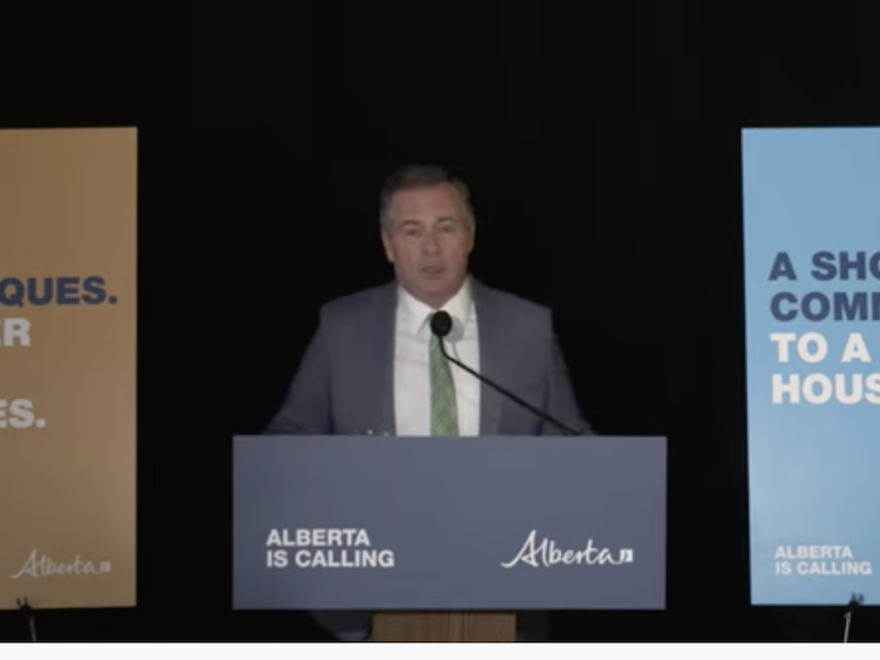 A screenshot of Jason Kenney at a recent news conference about Alberta’s new Jason is Calling ad campaign.