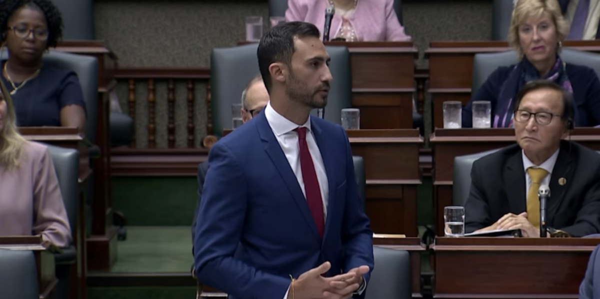 Ontario Education Minister Stephen Lecce speaking in the Legislature on August 12.