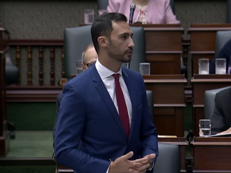 Ontario Education Minister Stephen Lecce speaking in the Legislature on August 12.