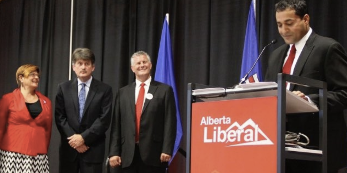 A photo of Raj Sherman accepting the Alberta Liberal Party leadership in 2011