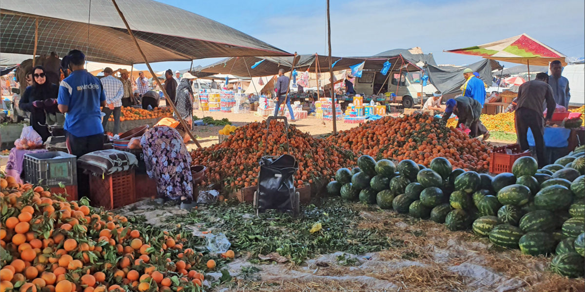 A photo of fruits and vegetables piled high on the ground at a vegetable market.