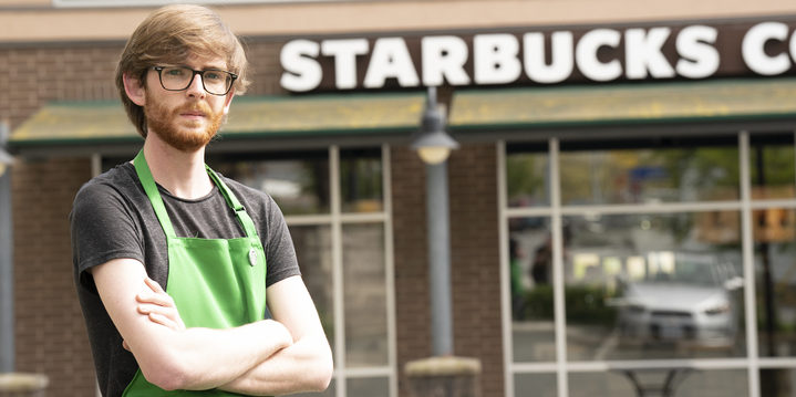 A photo of Kolton Martin at the unionized Starbucks where he works.