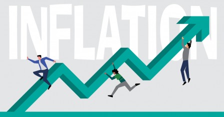 graphic reading inflation with an arrow trending upwards and people hanging off of it.