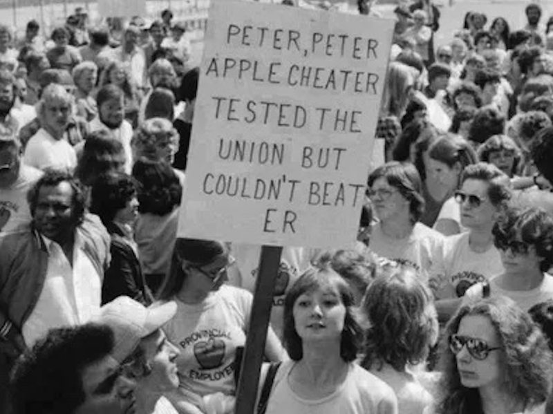 A photo of Alberta Union of Provincial Employees members on strike in July 1980 in defiance of Progressive Conservative Premier Peter Lougheed’s no-strike legislation.