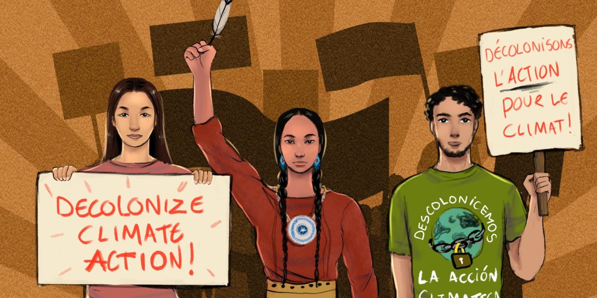 A poster encouraging the decolonization of climate action for climate action month.