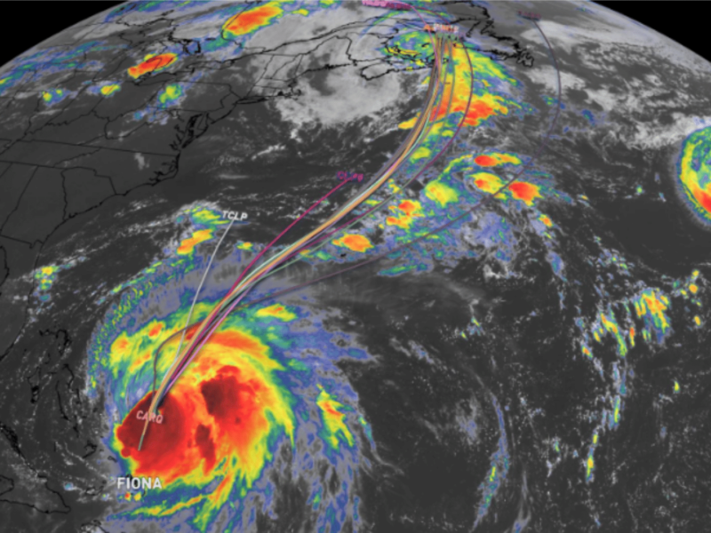 A heatmap of Hurricane Fiona from a satellite image
