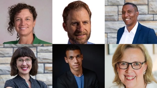 A collage of the Green Party's leadership contenders. Pictured clockwise from the top left are: Sarah Gabrielle Baron, Simon Gnocchini-Messier, Chad Walcott, Anna Keenan, Jonathan Pedneault, and Elizabeth May.
