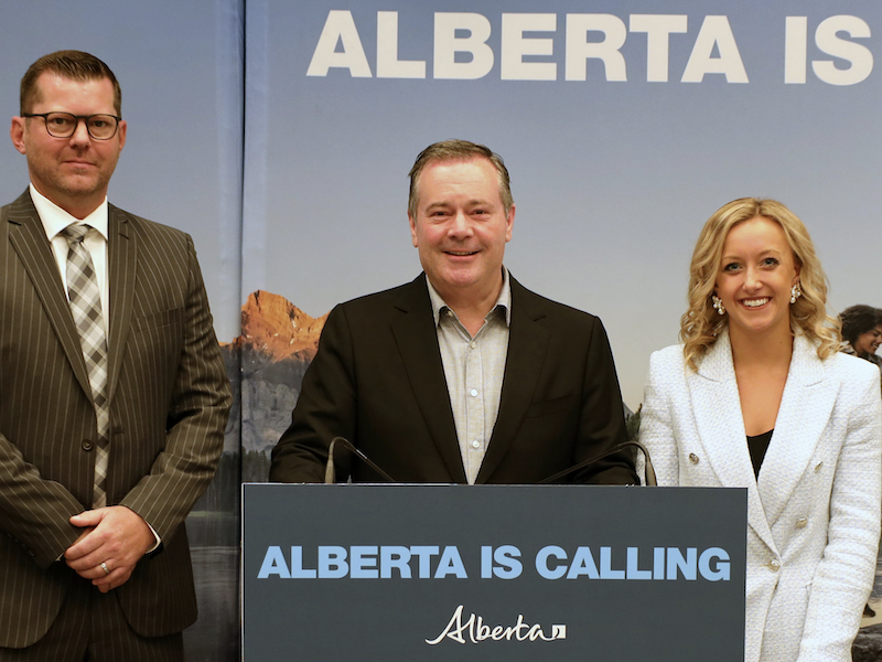 A photo of Alberta Premier Jason Kenney, flanked by UCP rural MLAs R.J. Sigurdson and Miranda Rosin as they hung around the Toronto Transit Commission’s Yonge and Bloor subway station yesterday touting the bright lights of Wild Rose Country.