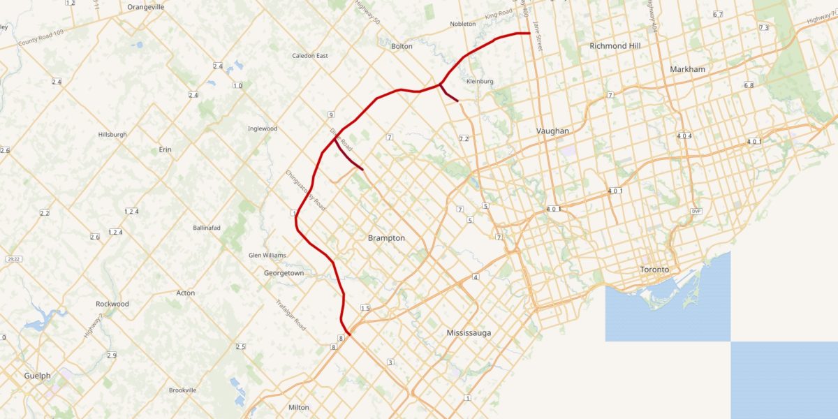 A map of the proposed route of Hwy 413.