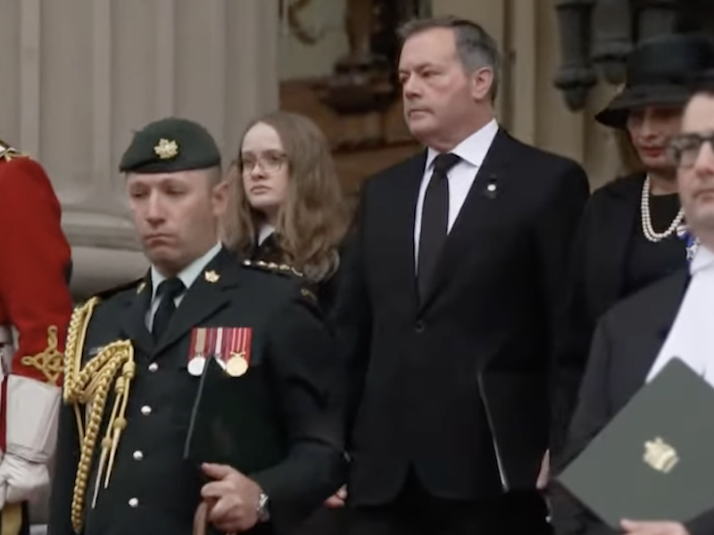 A screenshot of Alberta Premier Jason Kenney, looking tired, arrives at yesterday’s ceremony in memory of Queen Elizabeth II on the steps of the Alberta Legislature.