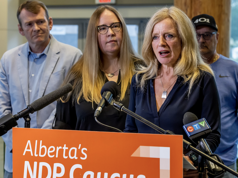 A photo of Alberta Opposition leader Rachel Notley, with NDP Labour Critic Christina Gray, at yesterday’s Labour Day news conference.