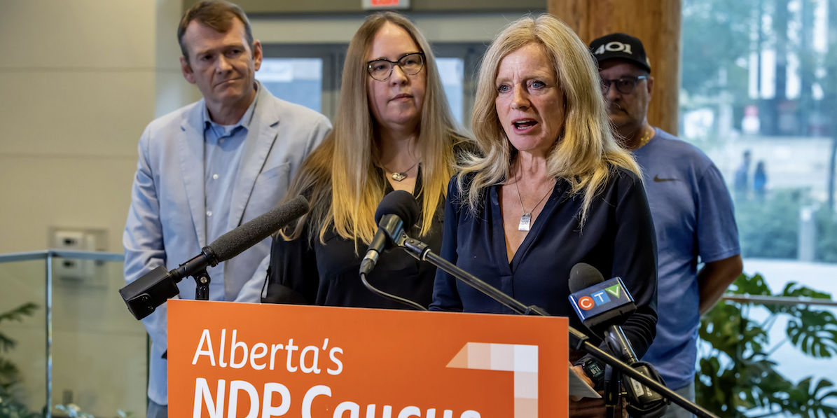 A photo of Alberta Opposition leader Rachel Notley, with NDP Labour Critic Christina Gray, at yesterday’s Labour Day news conference.