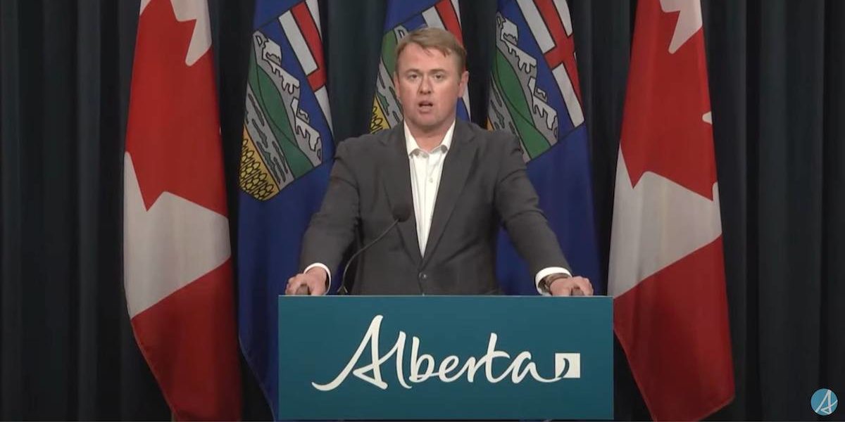 A screenshot of Alberta Justice Minister Tyler Shandro at yesterday’s highly performative news conference about Ottawa’s plan to buy back illegal firearms.