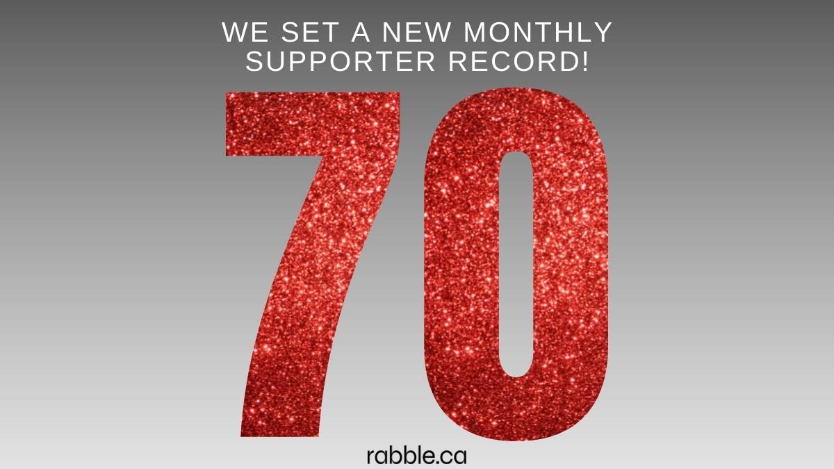 A graphic featuring the number '70' in glittery red to celebrate our record number of new monthly supporters