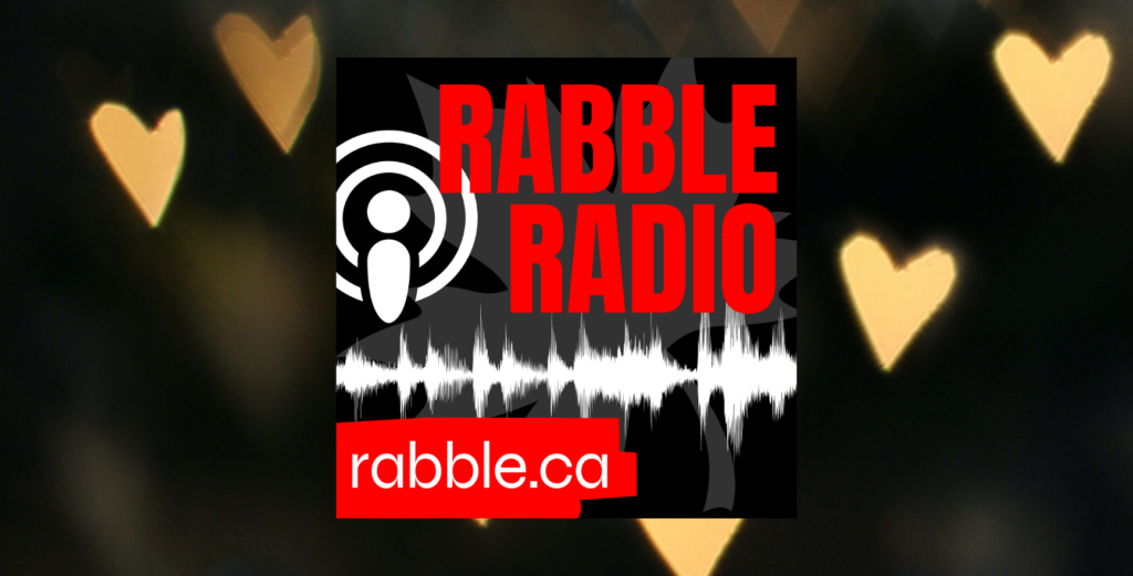 A photo of rabble radio logo on a heart-patterned background