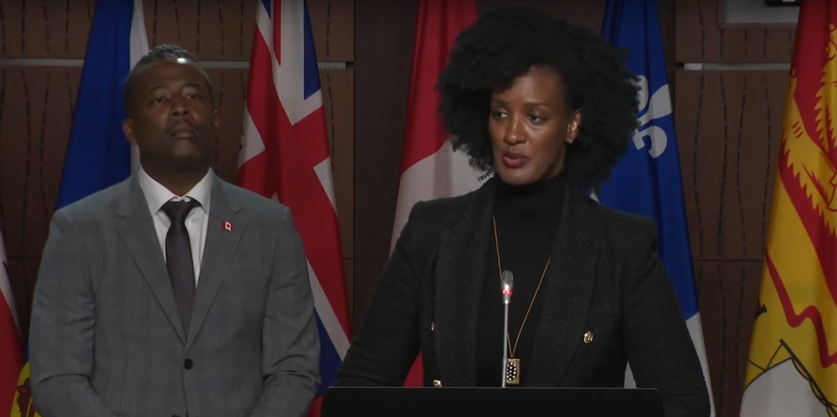 A screenshot of Amnesty International Canada Secretary General Ketty Nivyabandi as she addresses reporters during a press conference on October 2 along side BCAS executive director Nicholas Marcus Thompson.