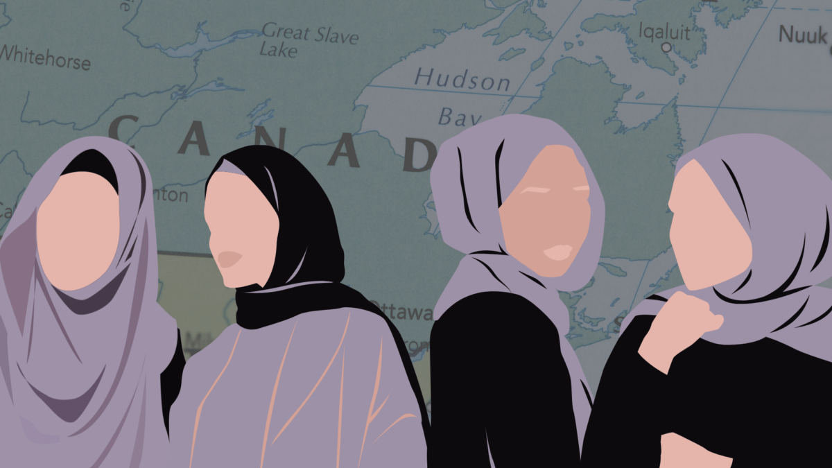 A cartoon image of four women wearing hijabs on a map of Canada.