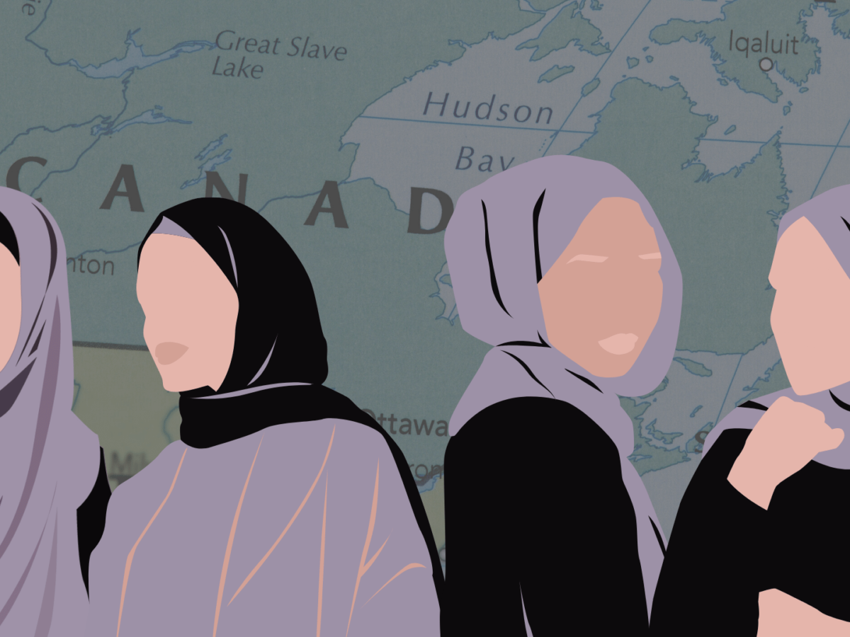 A cartoon image of four women wearing hijabs on a map of Canada.