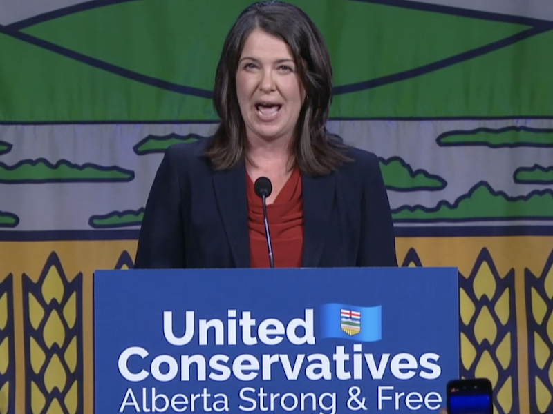 A smiling Danielle Smith during her victory speech last night – privately, she should be worried her victory on the final ballot was only 53.77 per cent.