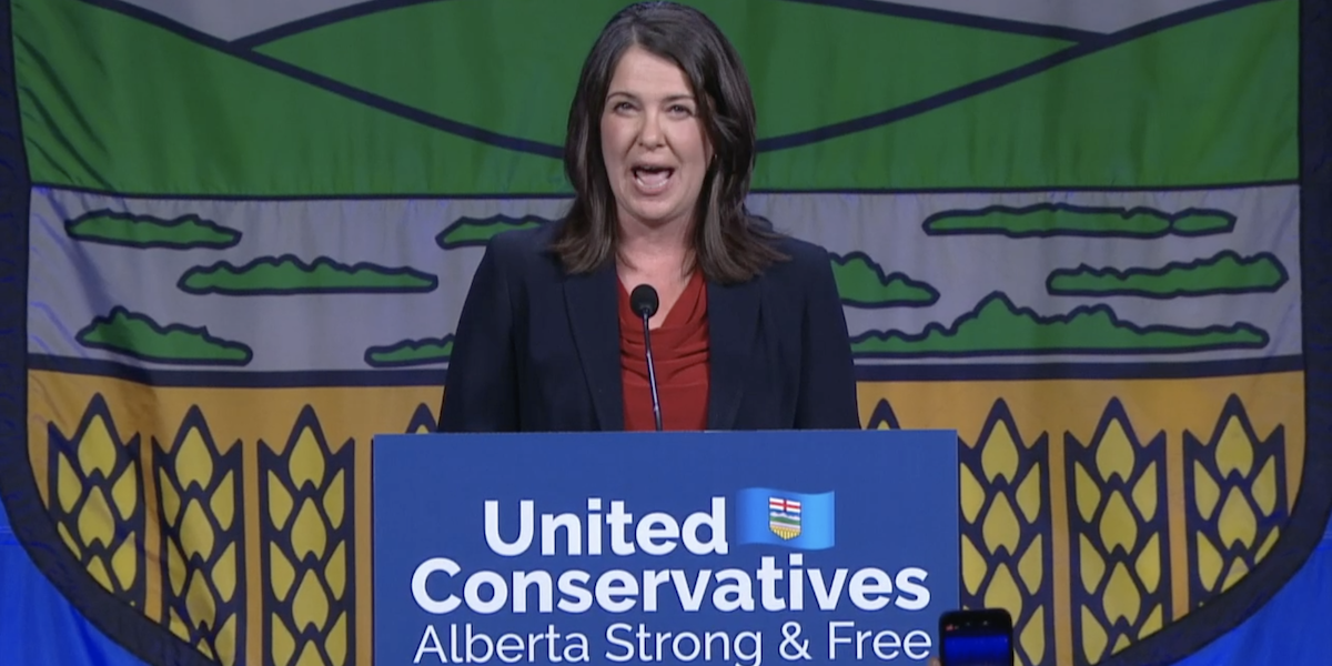 A smiling Danielle Smith during her victory speech last night – privately, she should be worried her victory on the final ballot was only 53.77 per cent.