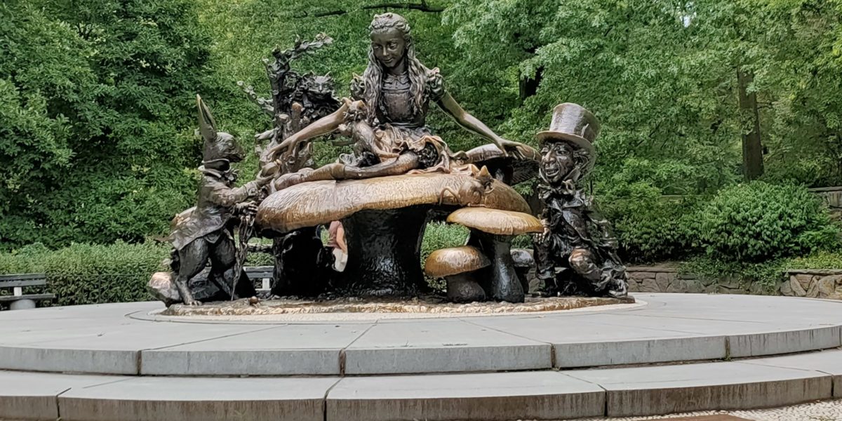 A photo of a sculpture of Alice in Wonderland in Central Park, New York, NY.
