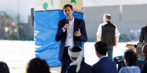 A photo of David Eby speaking at a campaign event. Eby won the leadership of the BC NDP after his opponent Anjali Appadurai was disqualified.