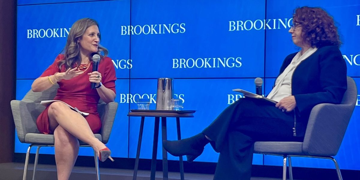 A photo of Canada's Deputy Prime Minister Chrystia Freeland speaking at the Brookings Institute in October of 2022.