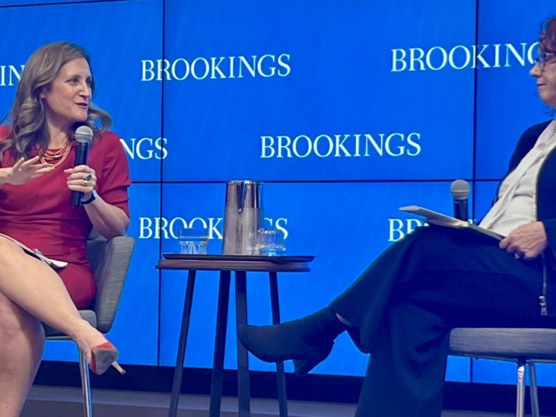 A photo of Canada's Deputy Prime Minister Chrystia Freeland speaking at the Brookings Institute in October of 2022.