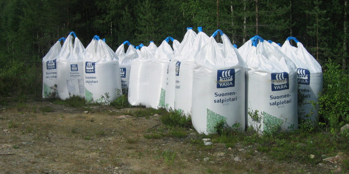 A photo bags of Yara brand artificial fertilizer.