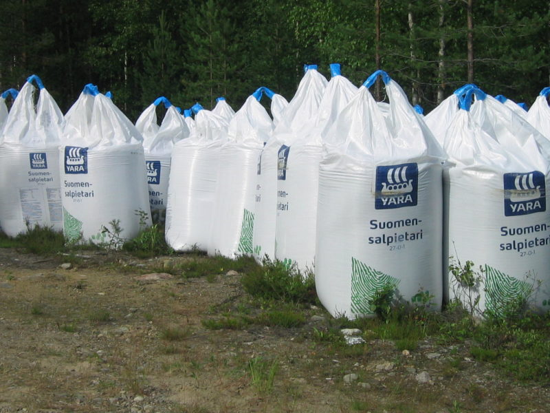 A photo bags of Yara brand artificial fertilizer.