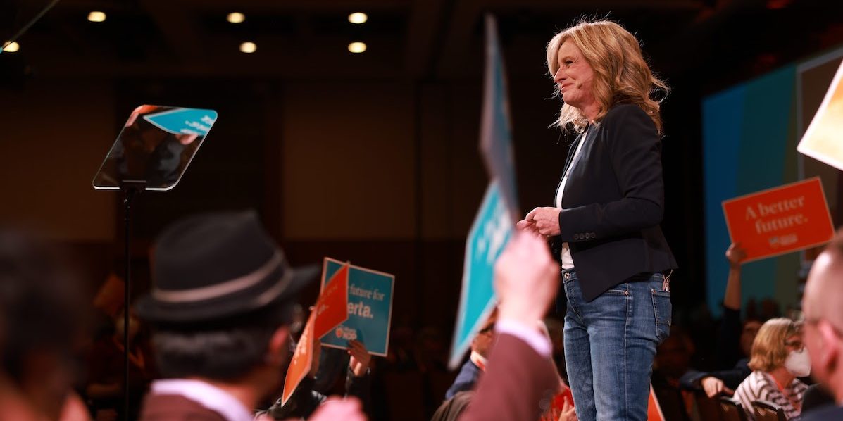 A photo of Alberta Opposition Leader Rachel Notley speaks at the NDP convention in Calgary yesterday.