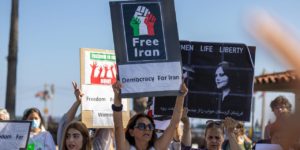 A photot of a protest in solidarity with the Iranian people that took place in Santa Barbra, CA on October 1, 2022.