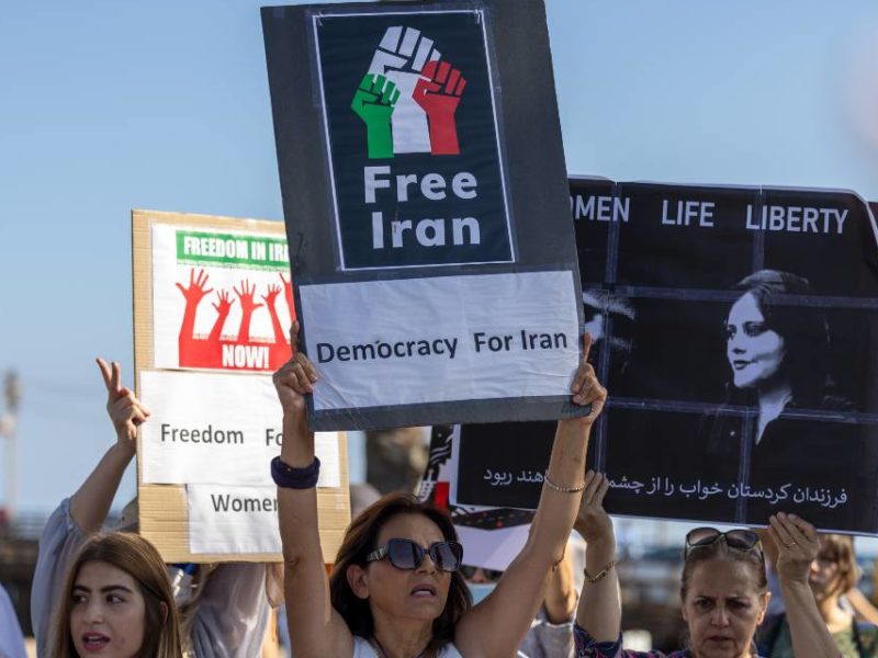 A photot of a protest in solidarity with the Iranian people that took place in Santa Barbra, CA on October 1, 2022.