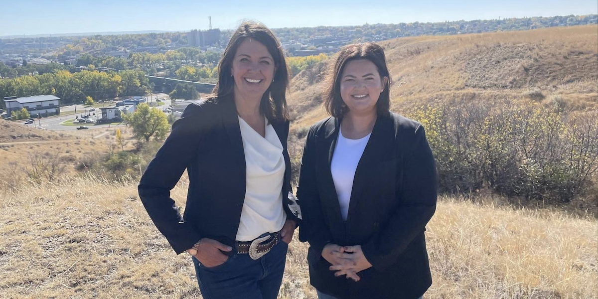 A photo of United Conservative Party Leader Danielle Smith and Brooks-Medicine Hat MLA Michaela Frey at yesterday’s news conference in Medicine Hat.