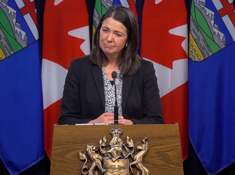 A screenshot of Alberta Premier Danielle Smith at the news conference on Tuesday at which she uttered her controversial words.