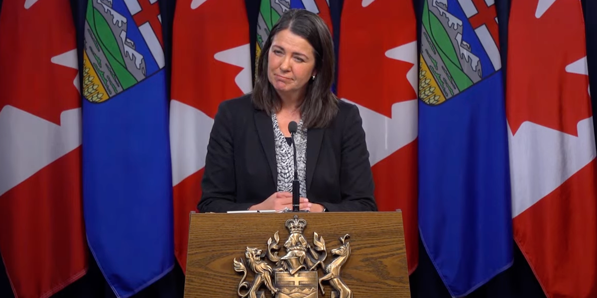 A screenshot of Alberta Premier Danielle Smith at the news conference on Tuesday at which she uttered her controversial words.