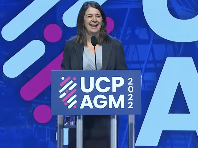 A screenshot of Alberta Premier Danielle Smith during her speech to the United Conservative Party annual general meeting in Edmonton Saturday.